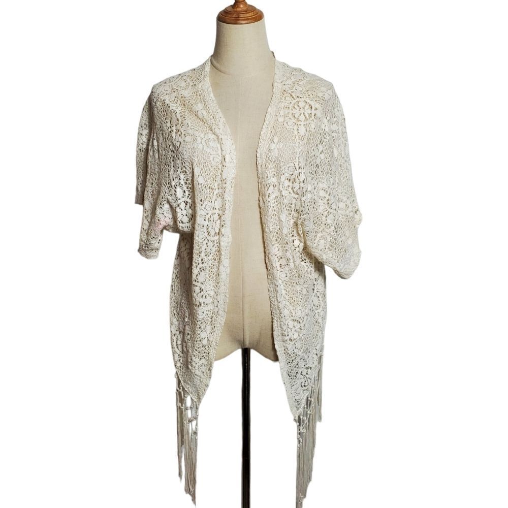 Hollister White Fringe Crochet Kimono